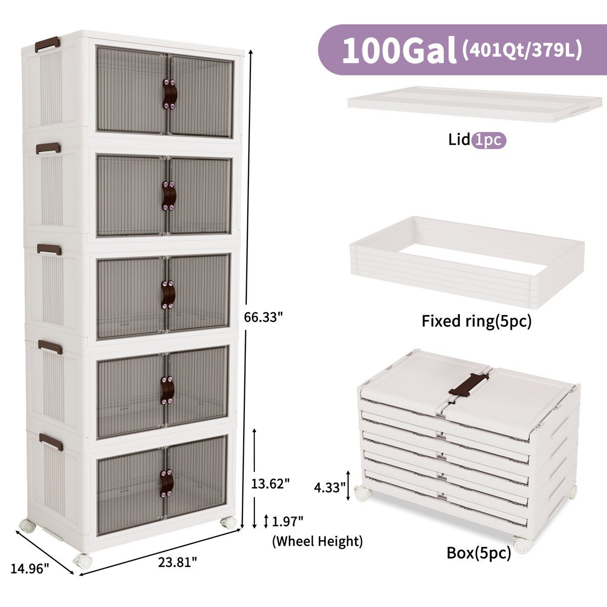 Storage Bins With Lids-Stackable Plastic Storage Bins on Wheels, Closet Organizers and Storage,Collapsible Storage Cabinet with Doors for Office Garage Kitchen Under Stairs,Larger 5Tier